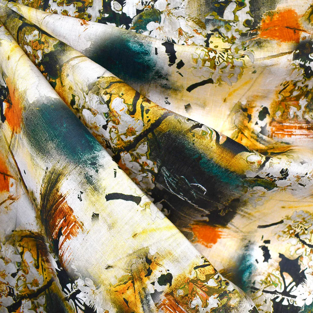 Abstract Art Collage Digital Print Linen Shirting Ochre