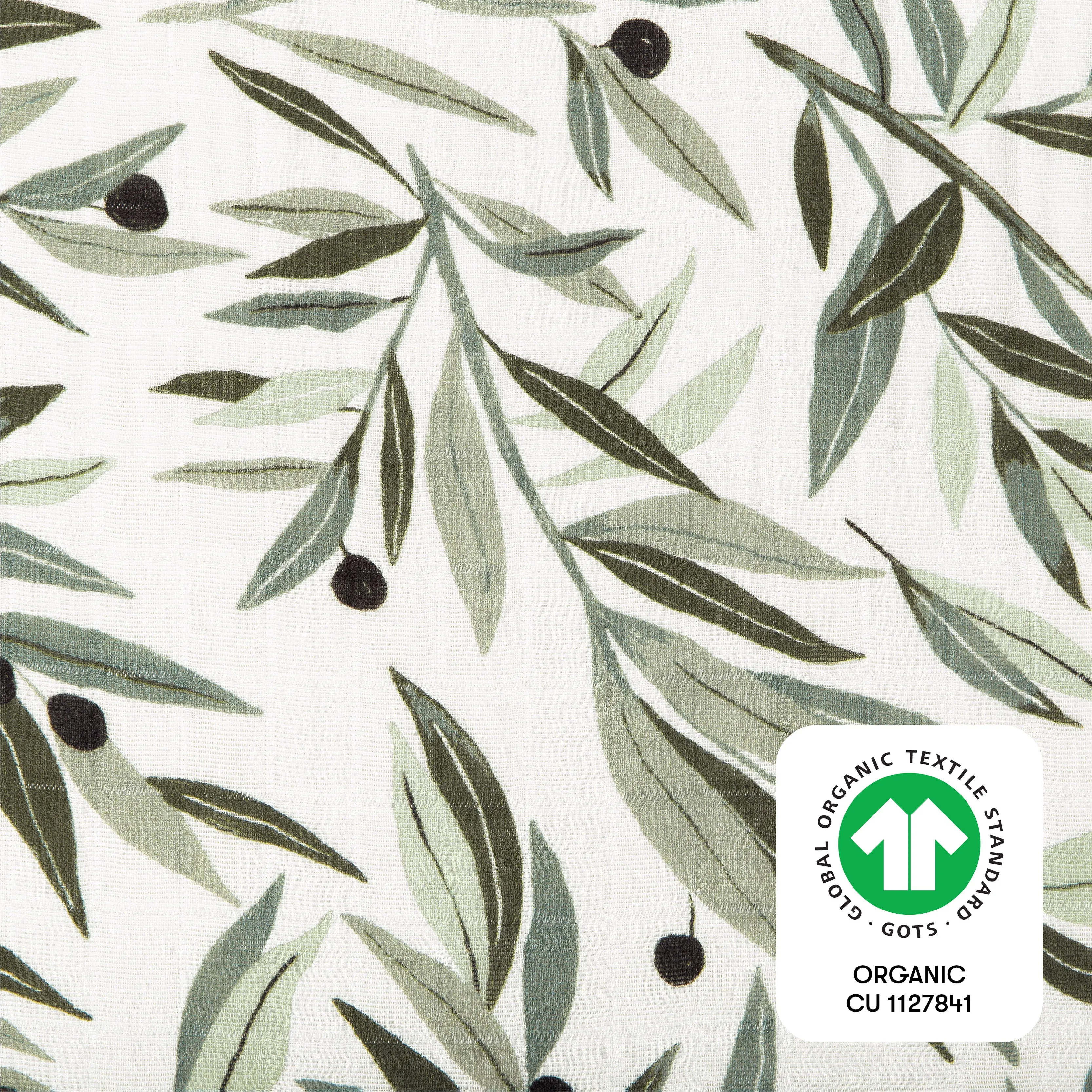 All-Stages Midi Crib Sheet in GOTS Certified Organic Muslin Cotton - Olive Branches