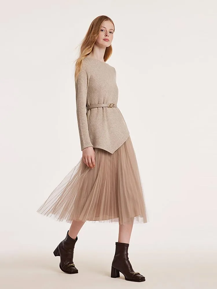 Asymmetrical Hem Top And Tulle Women Skirt With Belt Two-Piece Set