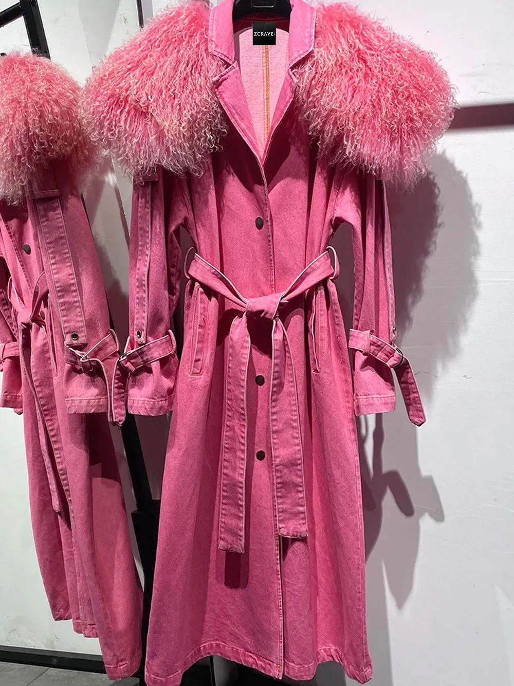 DUVE Fluffy Faux Fur Denim Coat in Pink