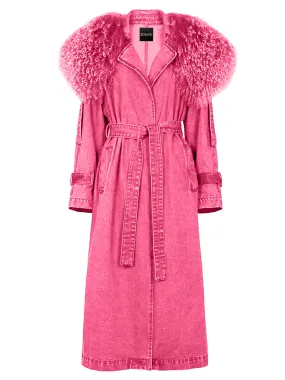 DUVE Fluffy Faux Fur Denim Coat in Pink