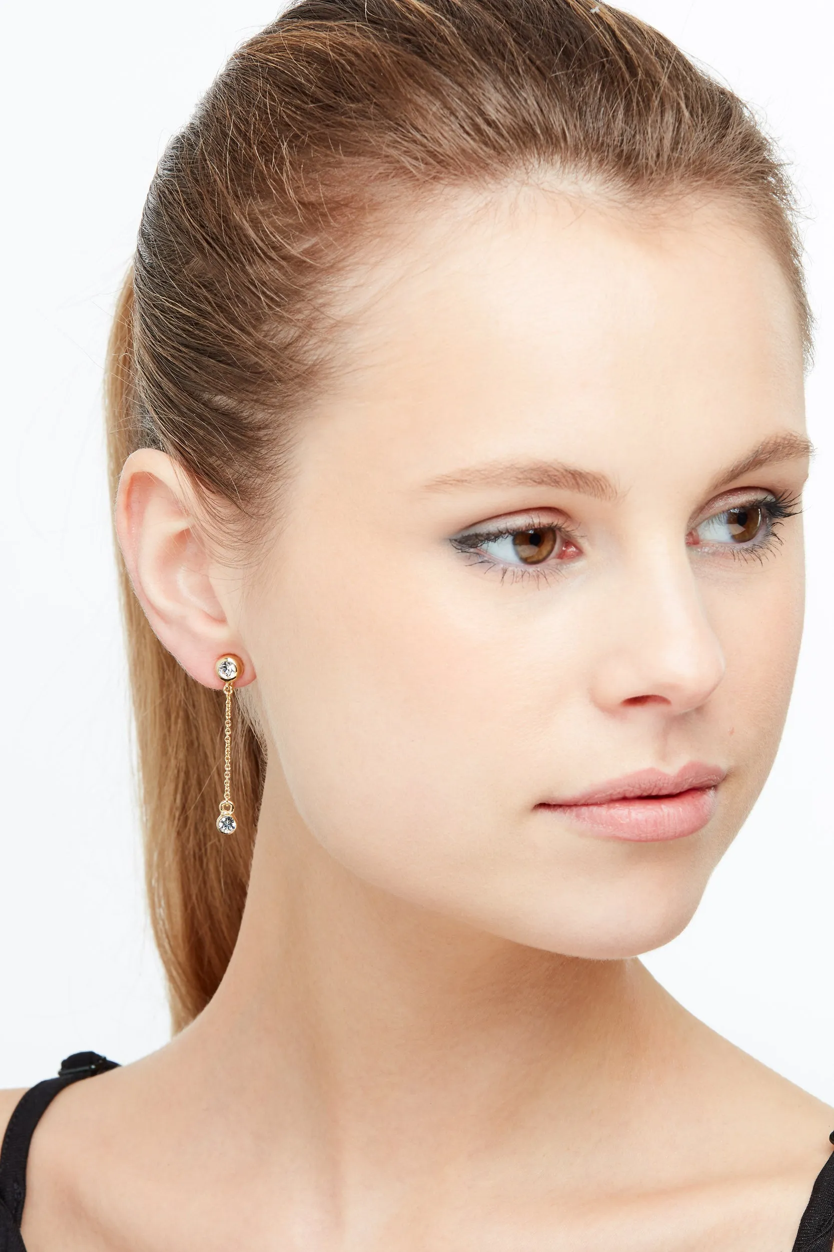 Gold Crystal Chain Drop Clip Earrings