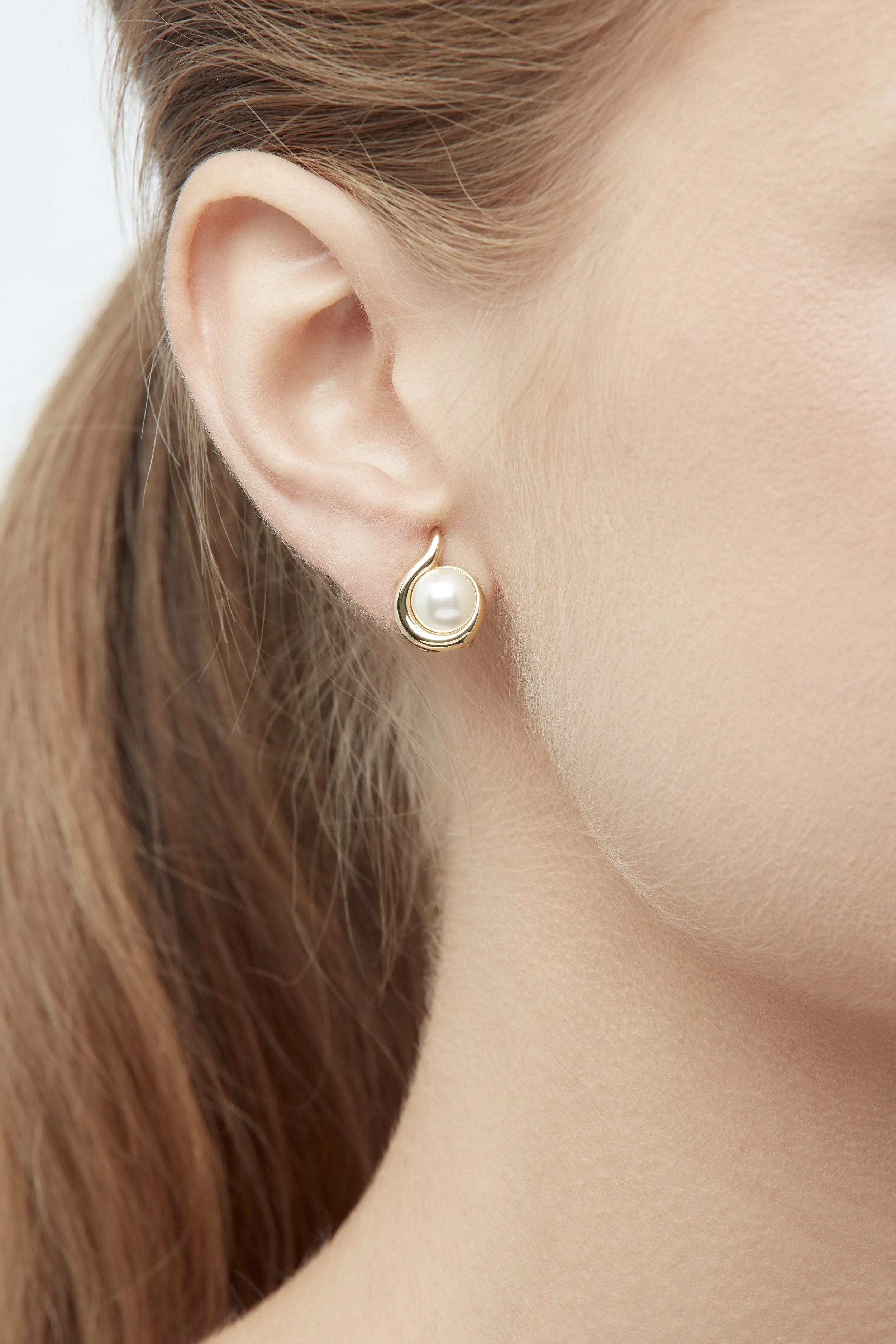 Gold Curl & Pearl Clip Earrings