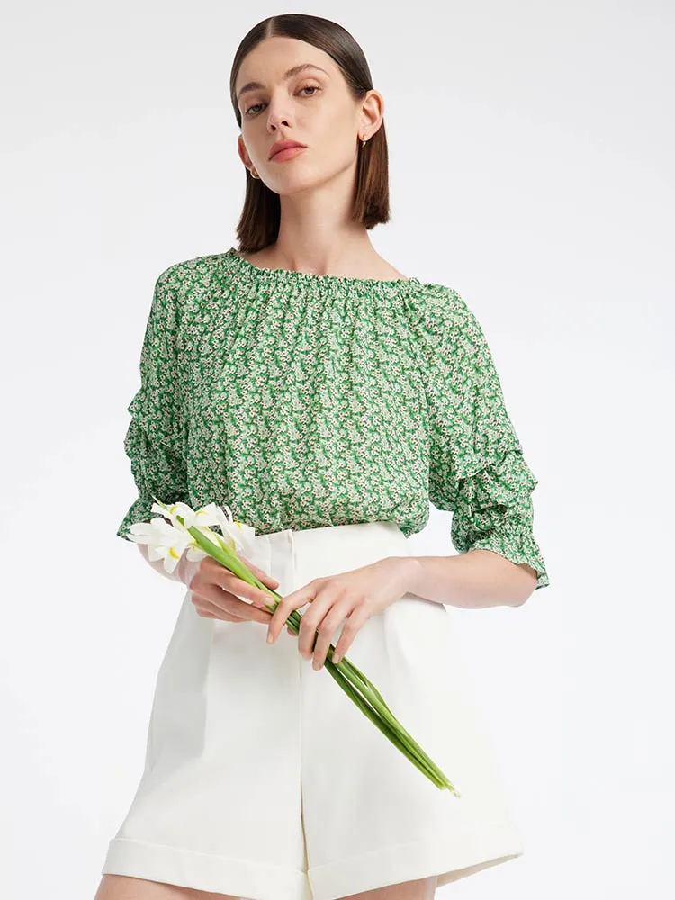 Green Floral Women Blouse And Shorts Two-Piece Set