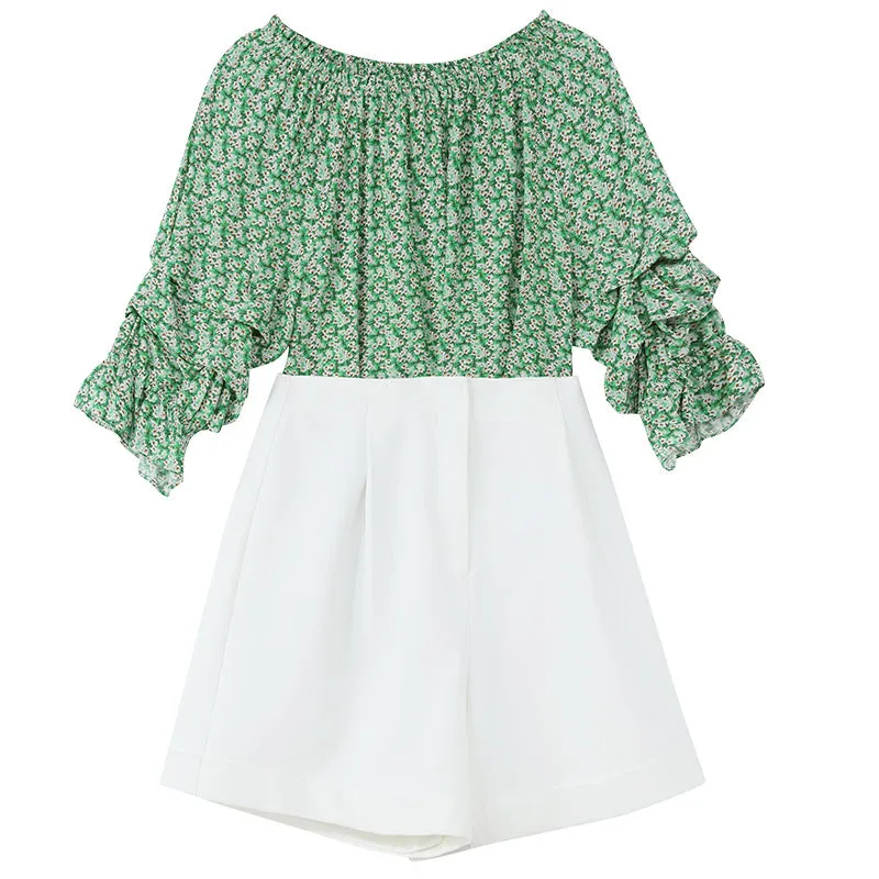 Green Floral Women Blouse And Shorts Two-Piece Set