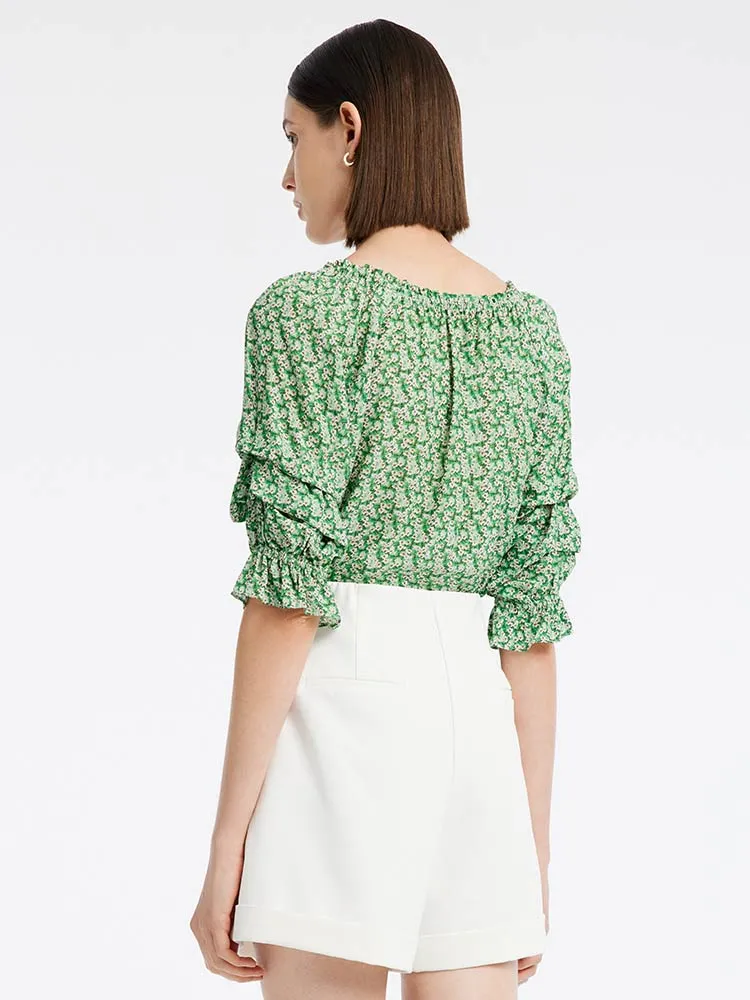 Green Floral Women Blouse And Shorts Two-Piece Set