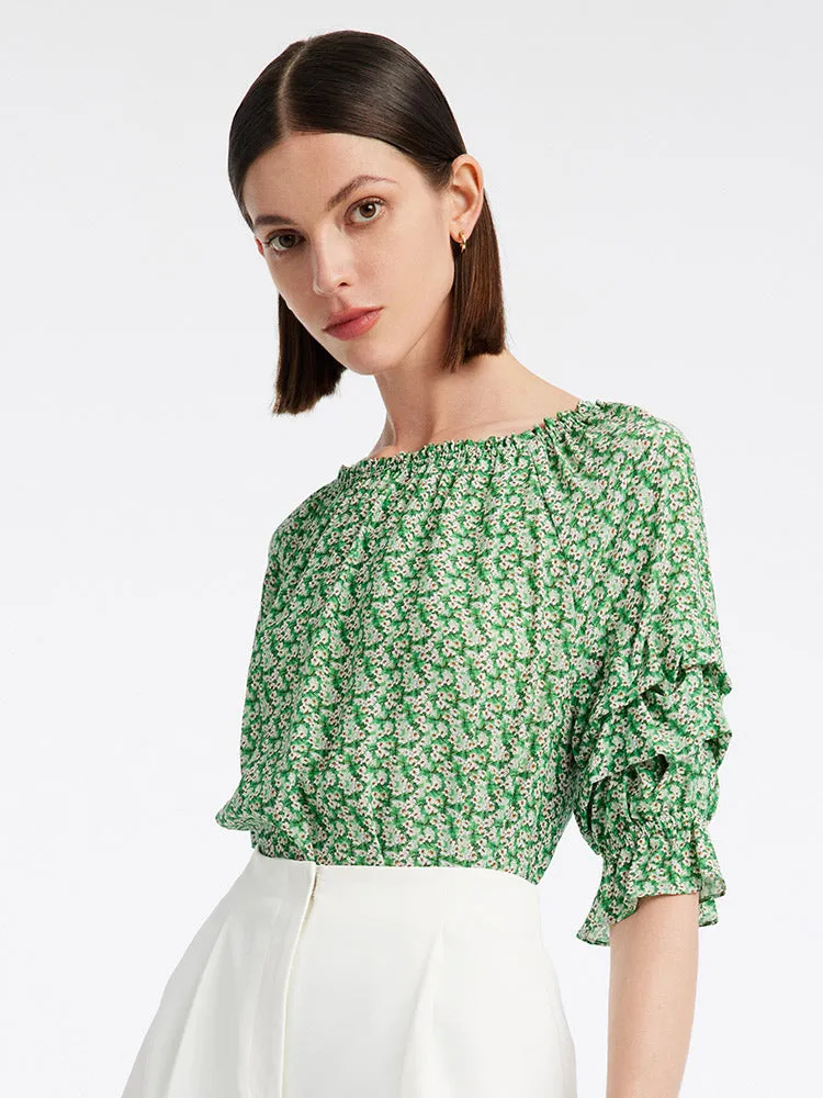 Green Floral Women Blouse And Shorts Two-Piece Set