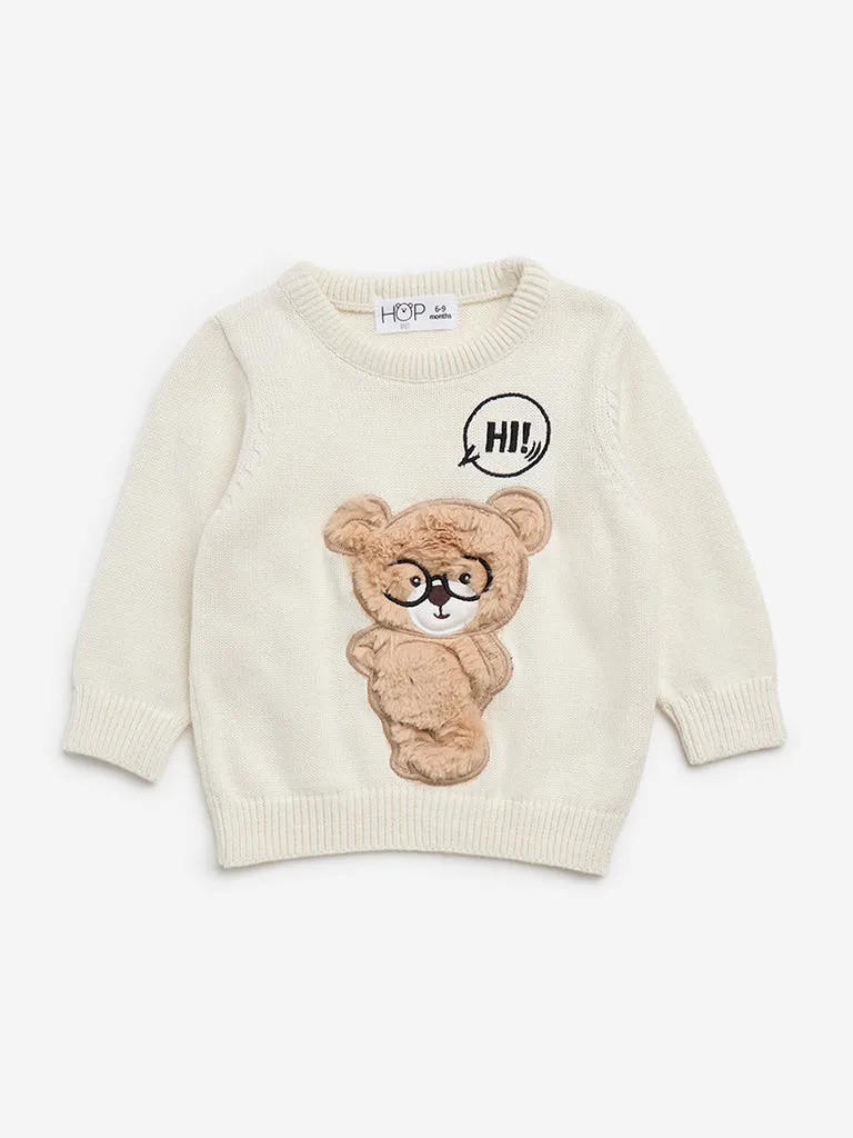 HOP Baby Off-White Animal Applique Cotton Sweater