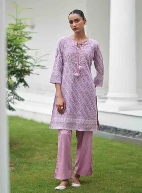 Lavender Schiffli Embroidered Straight Kurta Set with Tassels