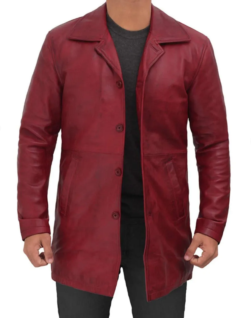 Mens Leather Trenchcoat Maroon