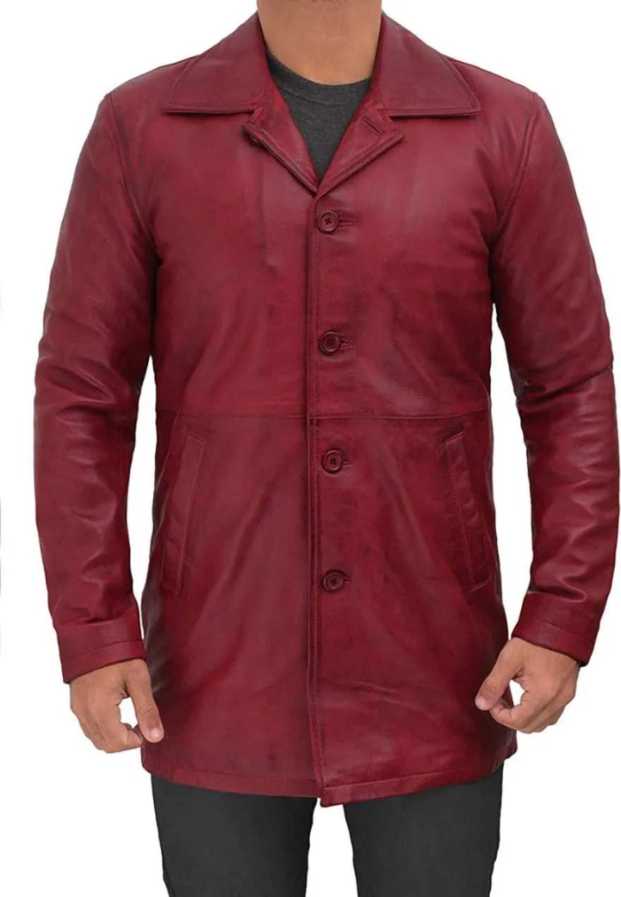 Mens Leather Trenchcoat Maroon