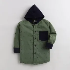 Polka Tots Full Sleeves Printed Hooded Shirt - Green