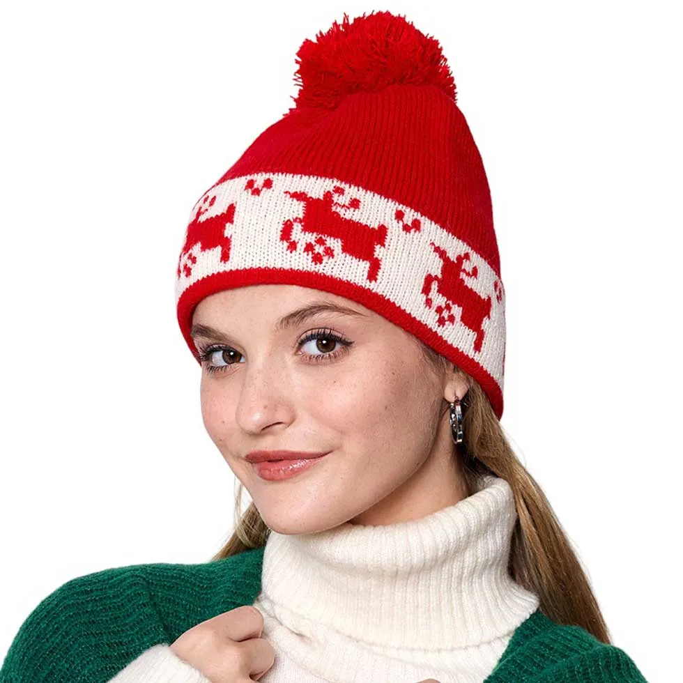 Reindeer Holiday Pom Pom Beanie Hat