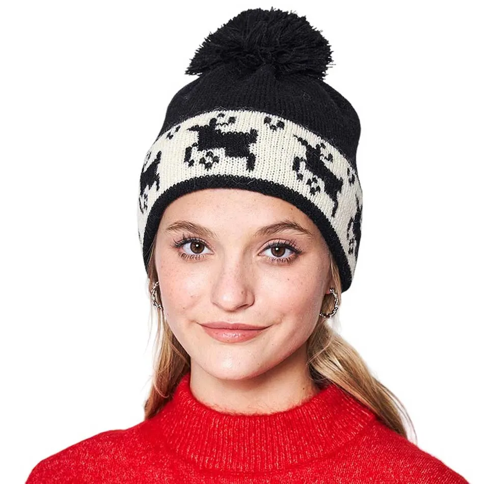 Reindeer Holiday Pom Pom Beanie Hat