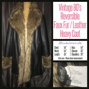 Vintage 80's Reversible Faux Fur and Black Leather Coat 54B XXXL 3XL