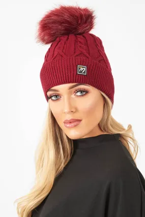 Wine Cable Knit Bobble Hat - Lillyona