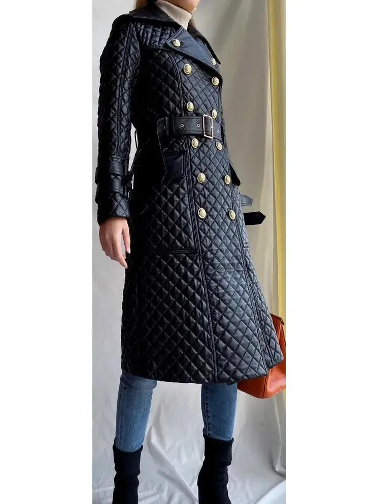 Women’s Double-Breasted Quilted-Leather Trench Coat