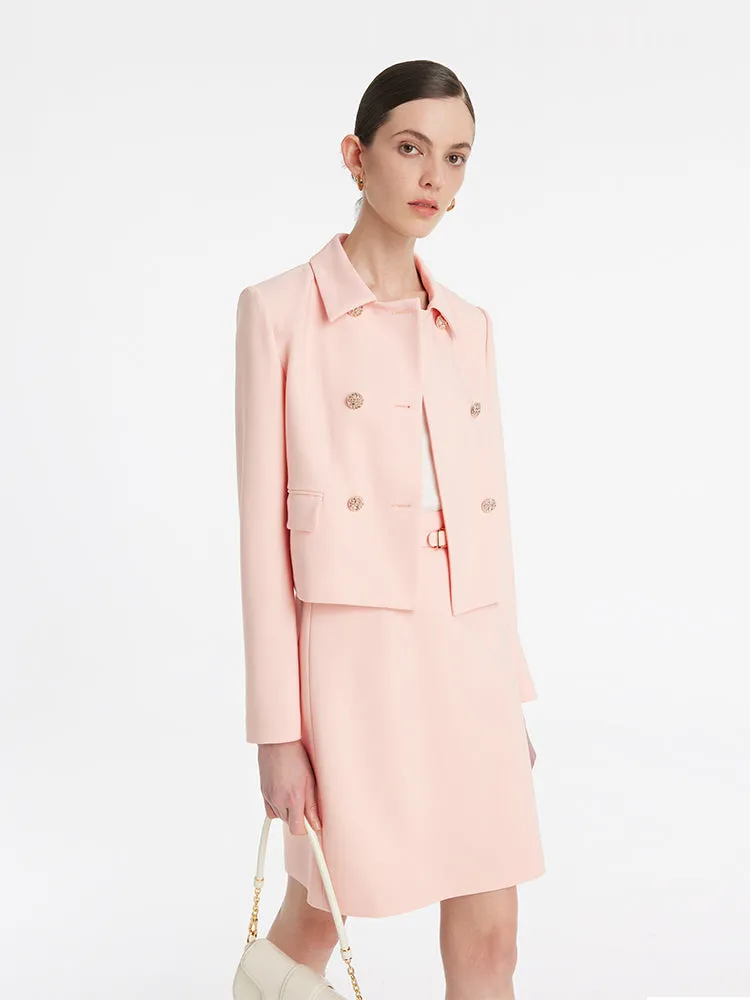 Worsted Wool Double-Breasted Crop Jacket And Skirt Two-Piece Suit